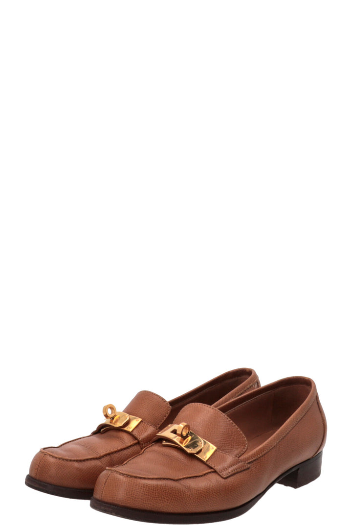 HERMÈS Jules Kelly Lock Loafers Leather Gold