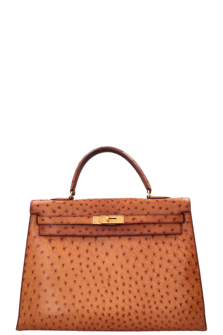 HERMÈS Kelly 32 Sellier Ostrich Leather Noisette