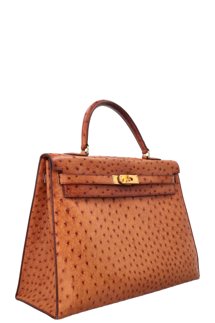 HERMÈS Kelly 32 Sellier Ostrich Leather Noisette