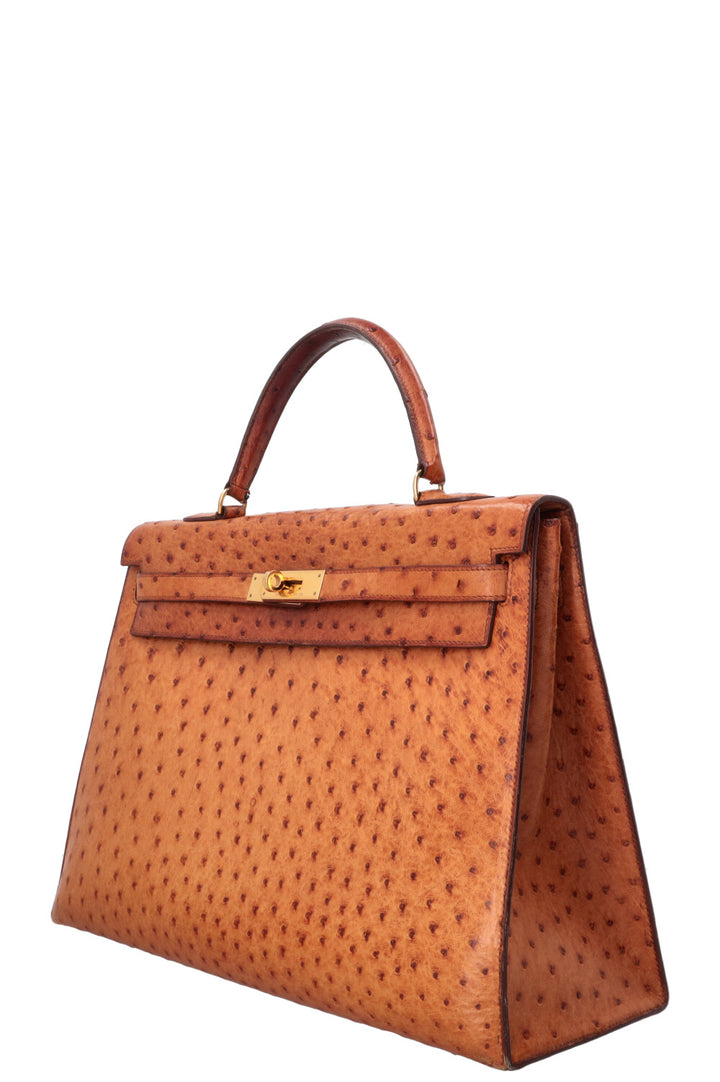 HERMÈS Kelly 32 Sellier Ostrich Leather Noisette
