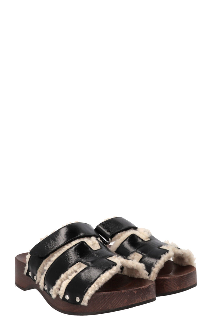 HERMÈS Kos Shearling Clogs Leather Black