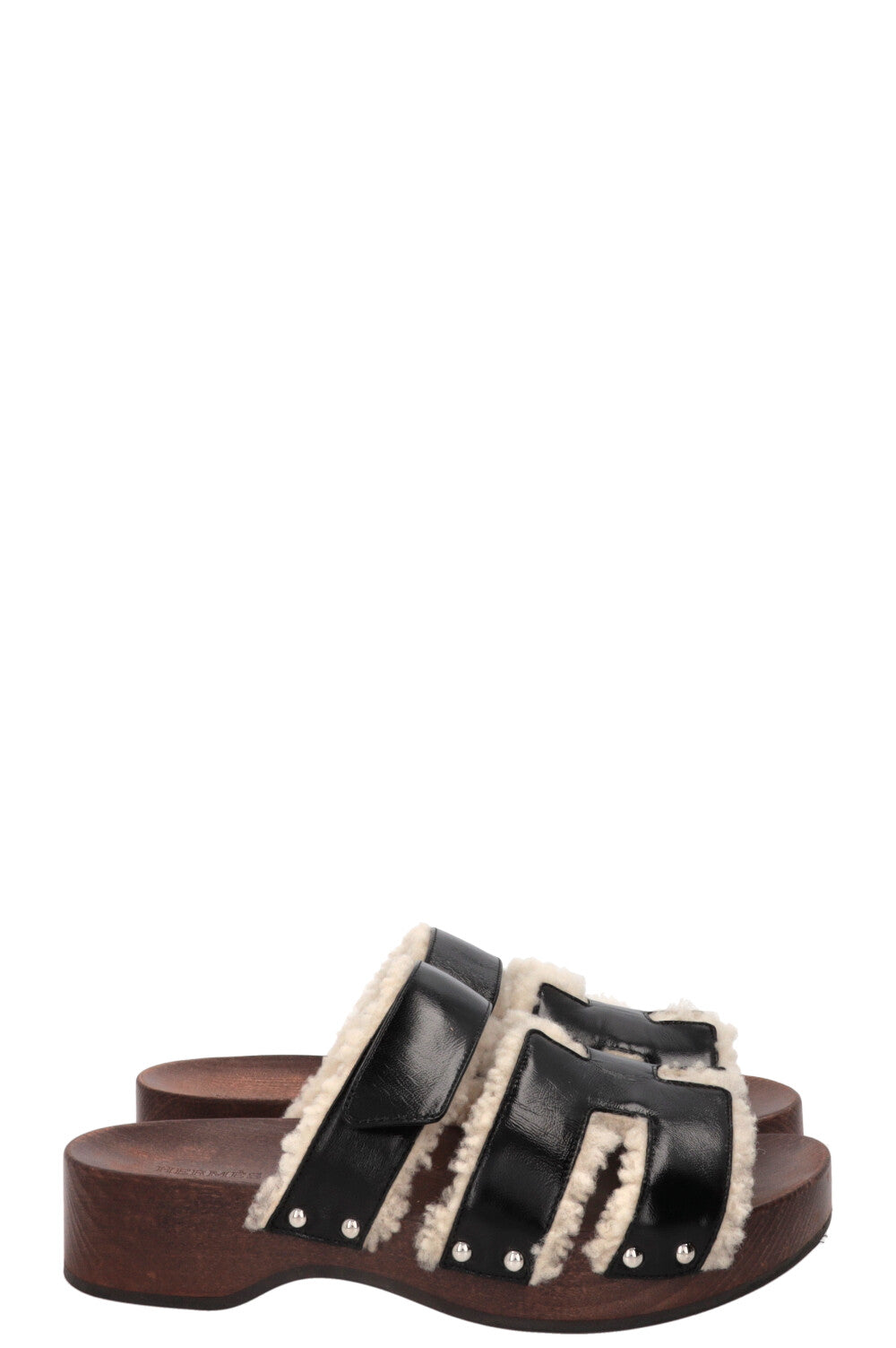 HERMÈS Kos Shearling Clogs Leather Black
