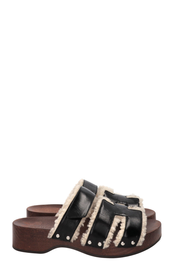 HERMÈS Kos Shearling Clogs Leather Black