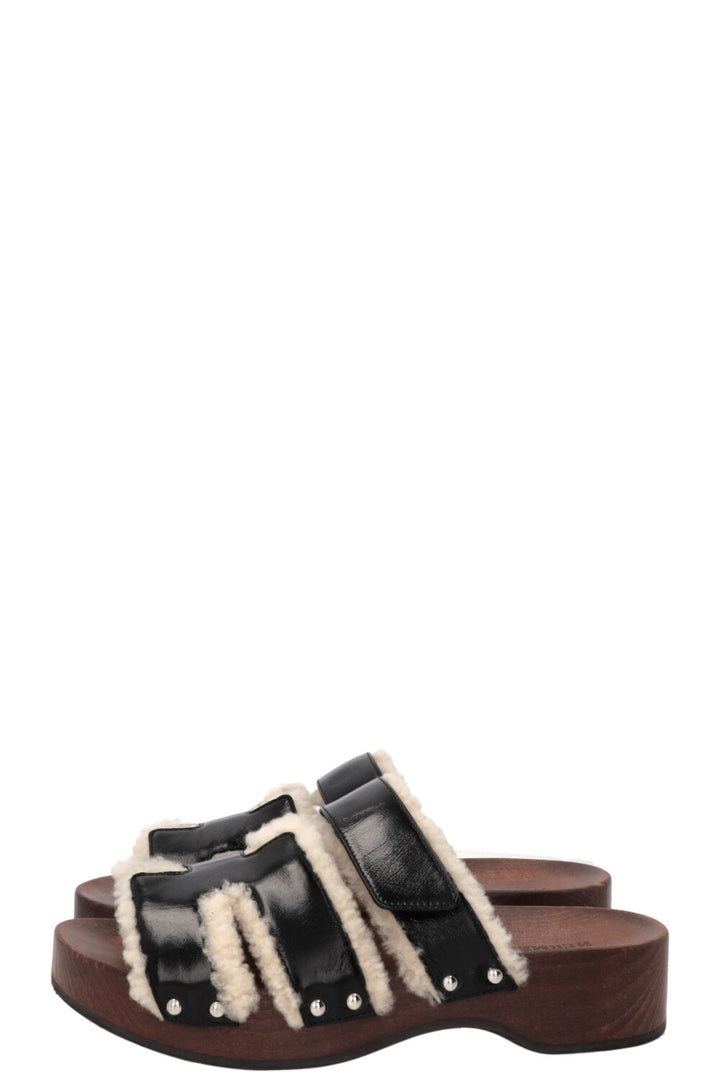 HERMÈS Kos Shearling Clogs Leather Black