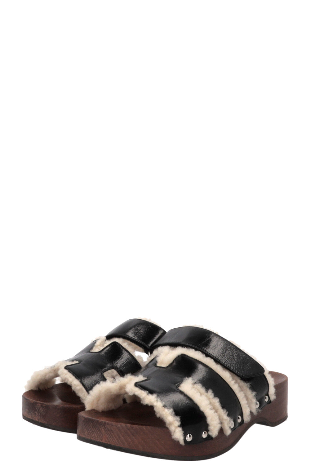 HERMÈS Kos Shearling Clogs Leather Black