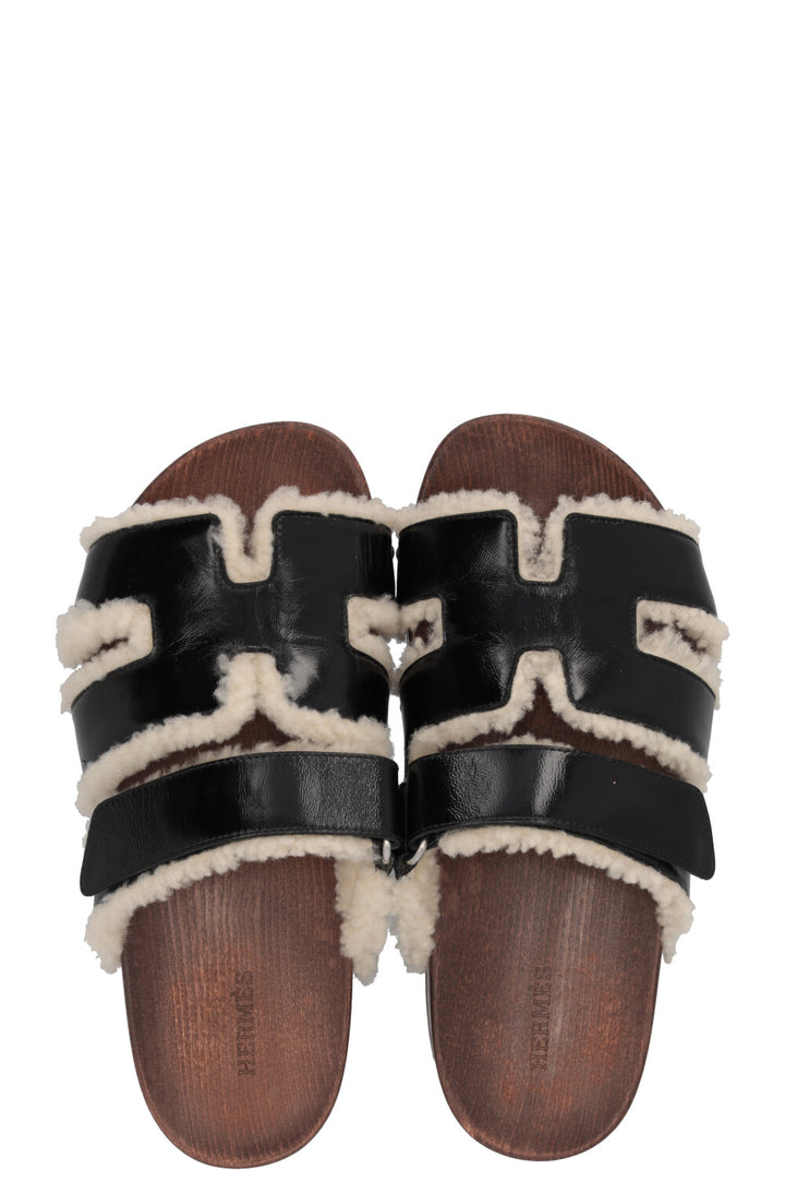 HERMÈS Kos Shearling Clogs Leather Black