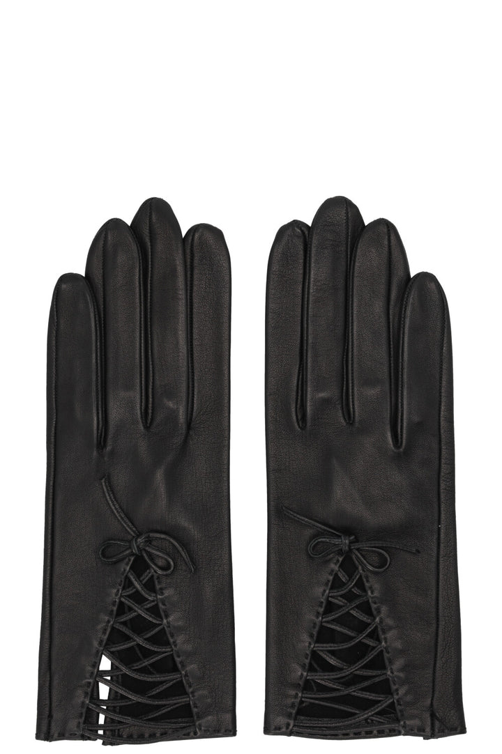 HERMÈS Lace Up Bow Gloves Leather Black