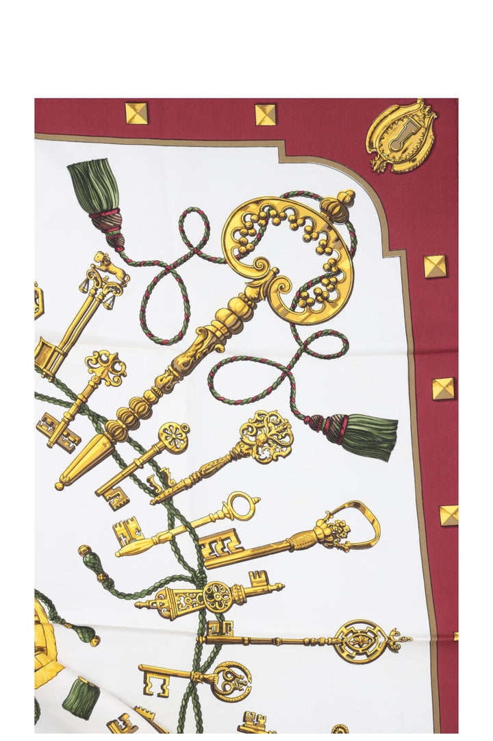 HERMÈS Les Clés Carré 90 Silk Bordeaux Ivory