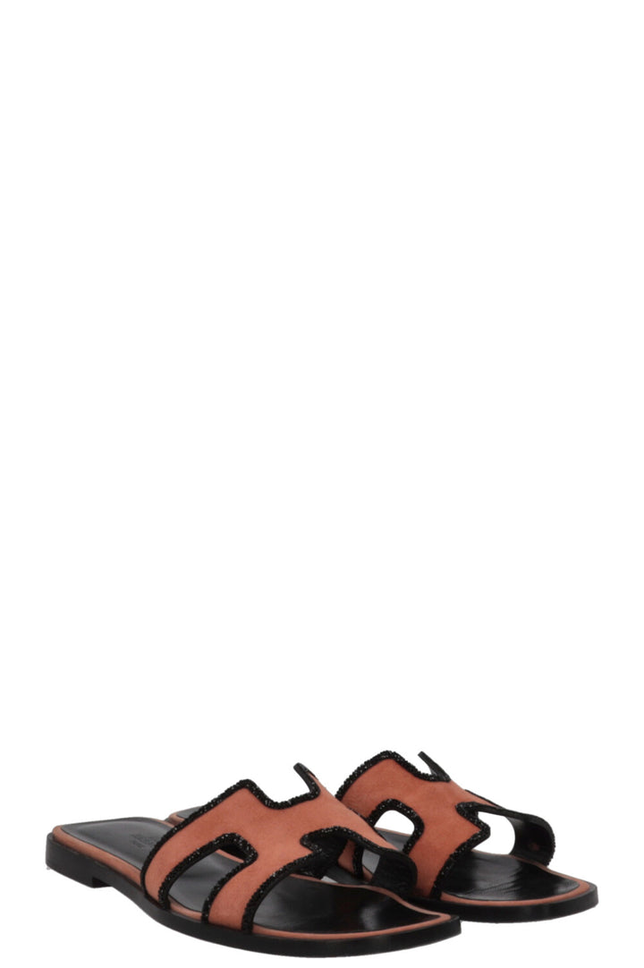 HERMÈS Oran Sandals Suede Glitter Orange Black