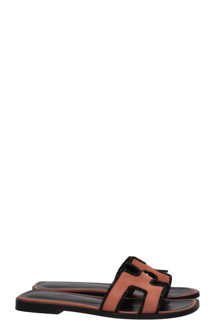 HERMÈS Oran Sandals Suede Glitter Orange Black