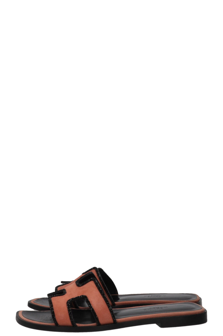 HERMÈS Oran Sandals Suede Glitter Orange Black