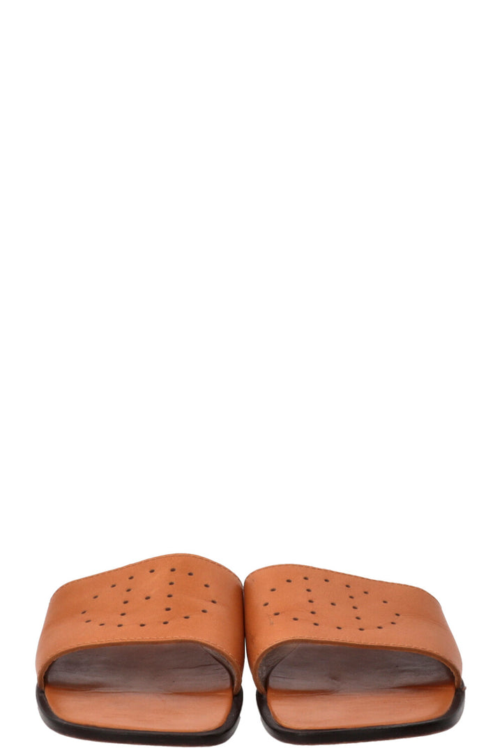 HERMÈS Perforated Logo Slides Leather Brown