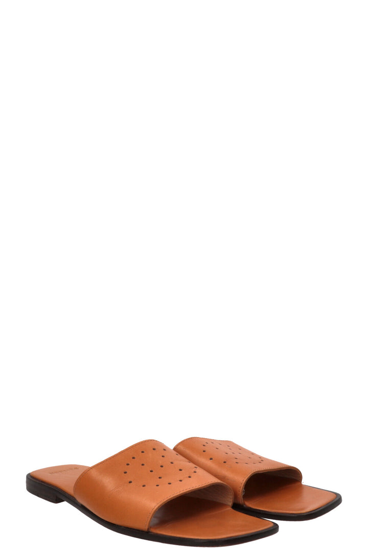 HERMÈS Perforated Logo Slides Leather Brown