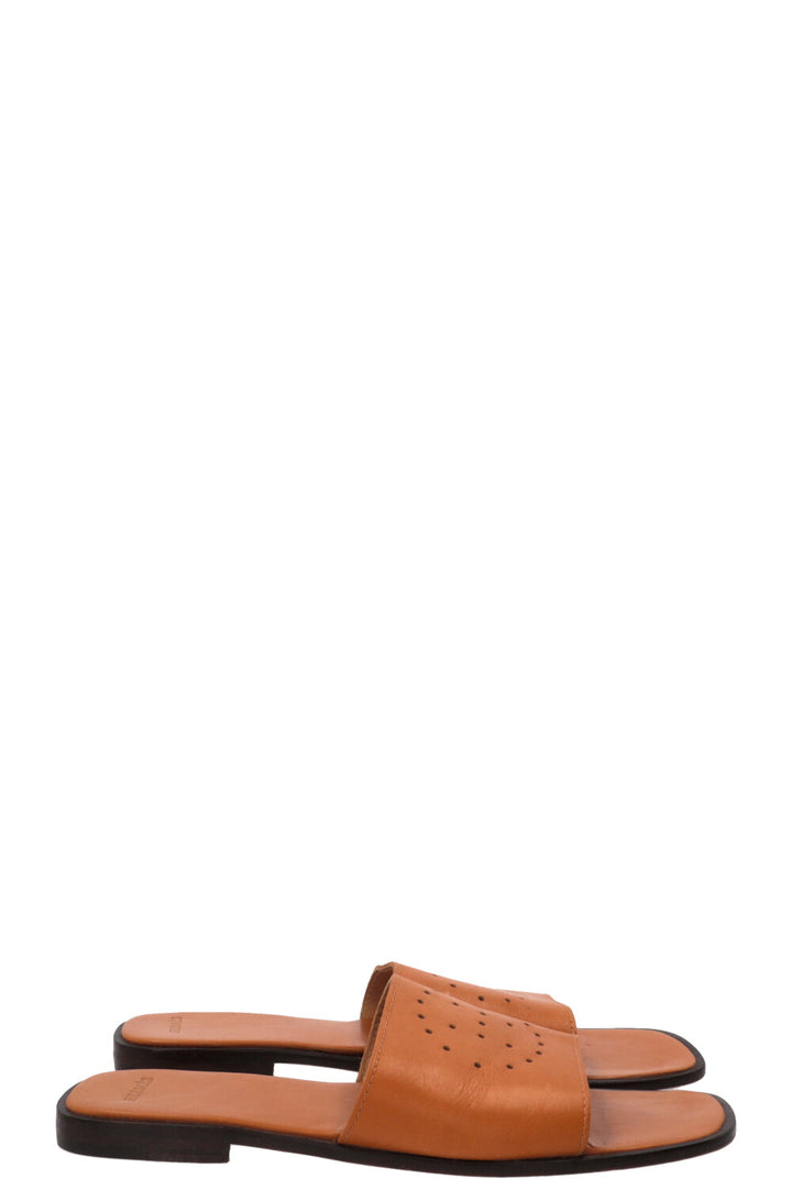 HERMÈS Perforated Logo Slides Leather Brown