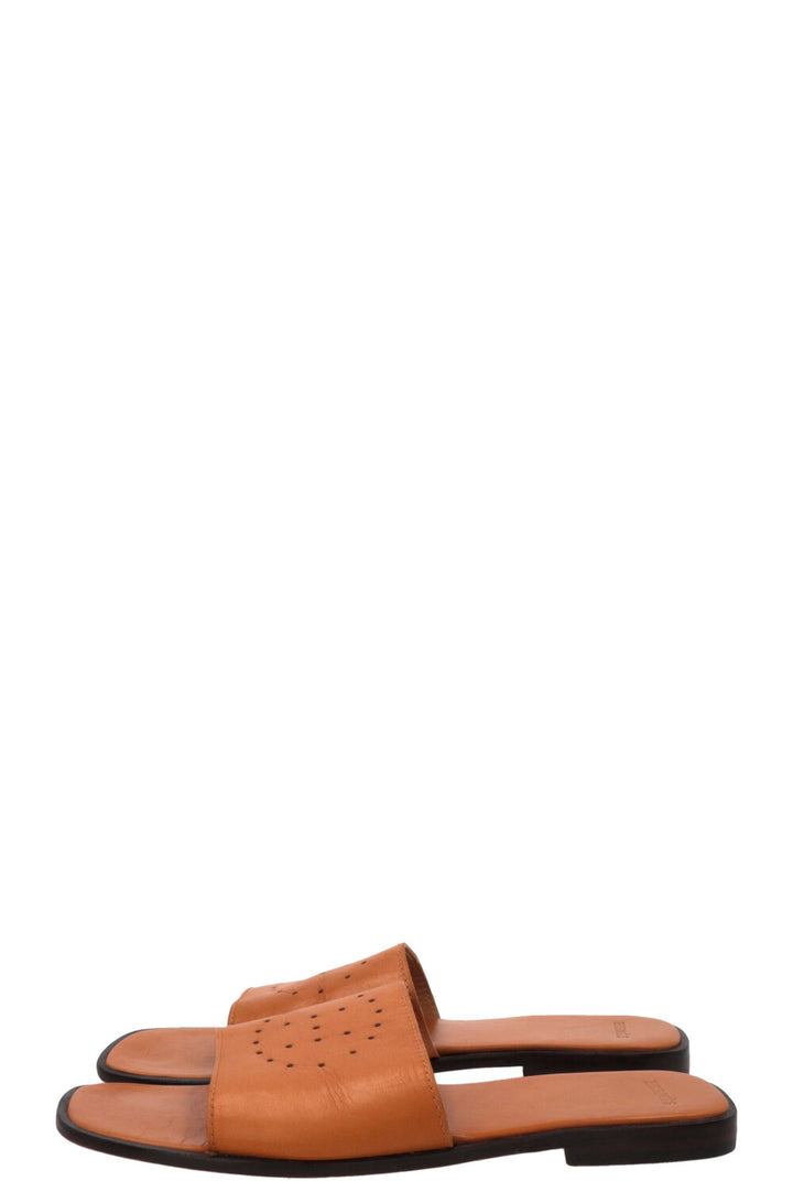 HERMÈS Perforated Logo Slides Leather Brown