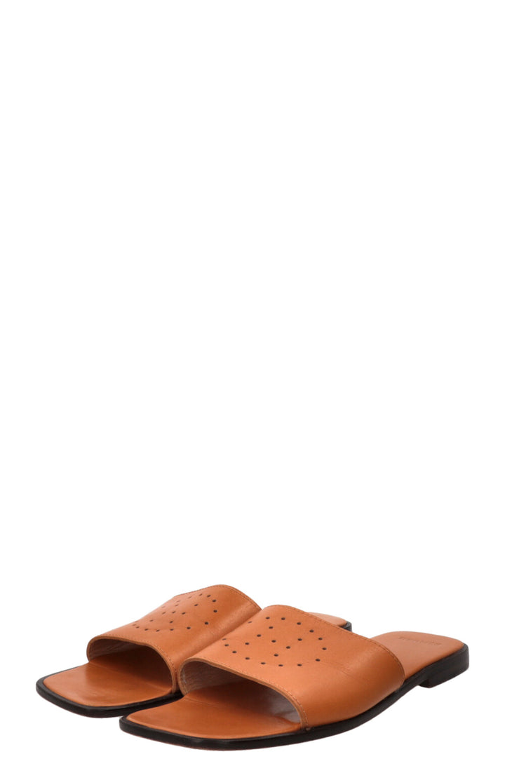 HERMÈS Perforated Logo Slides Leather Brown