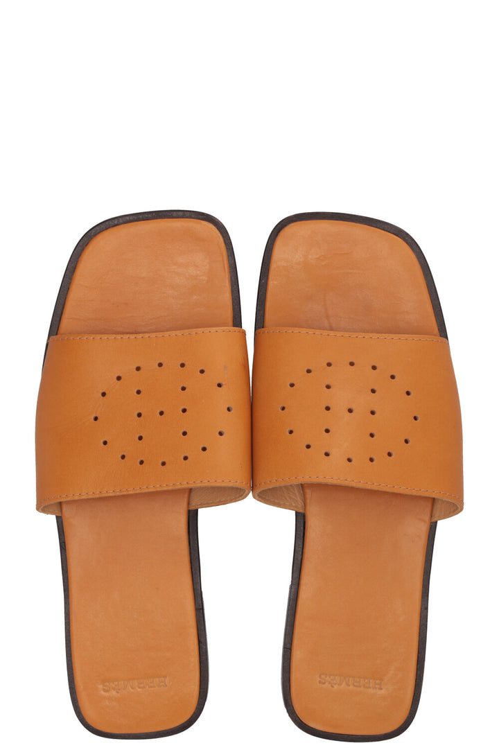 HERMÈS Perforated Logo Slides Leather Brown