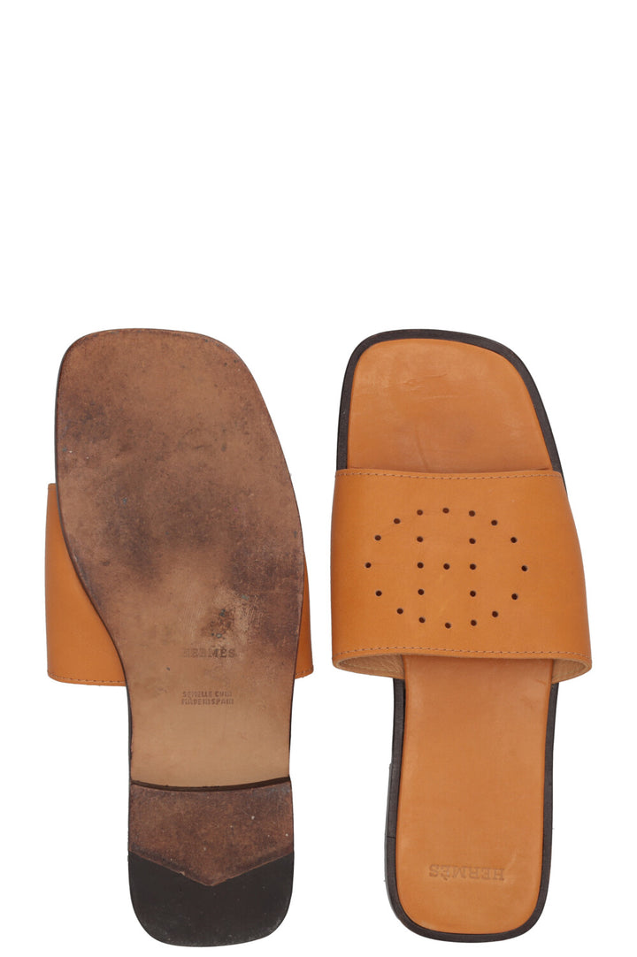 HERMÈS Perforated Logo Slides Leather Brown