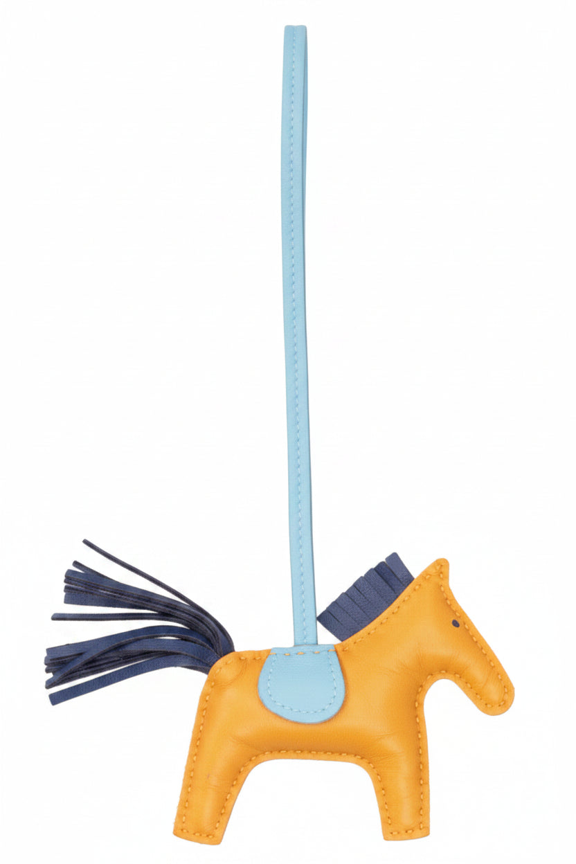 HERMÈS Porte-clés de sac Rodeo PM Jaune d'Or Céleste Bleu de Malte