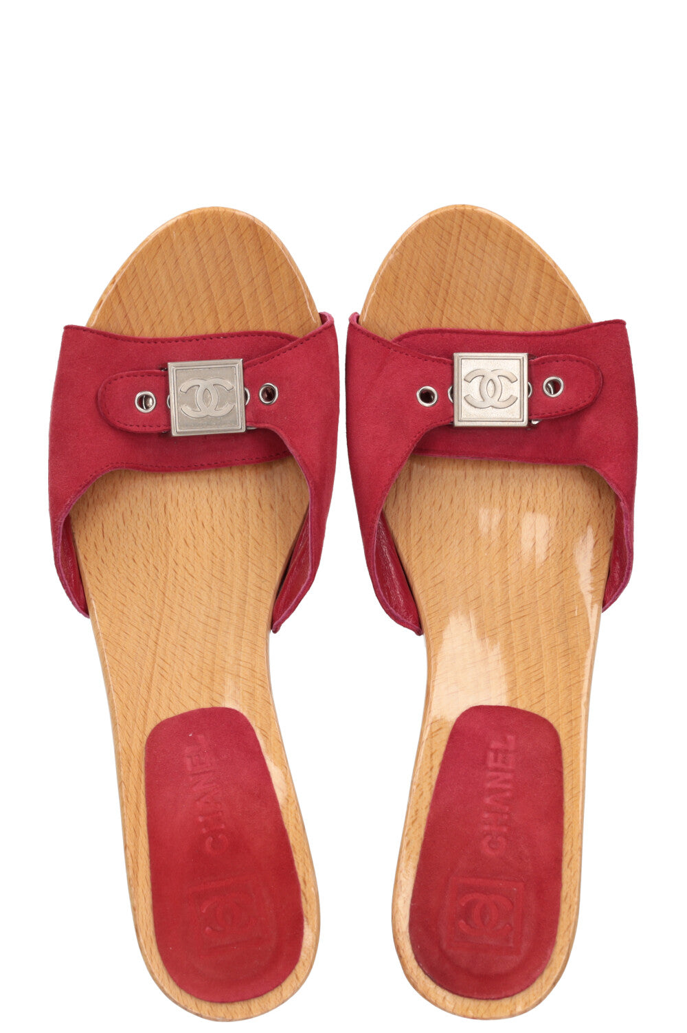 CHANEL Glazed Wood Clogs Red Leather