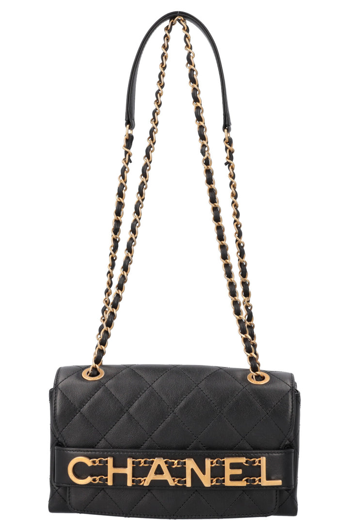 CHANEL Logo Enchained Flap Bag Black