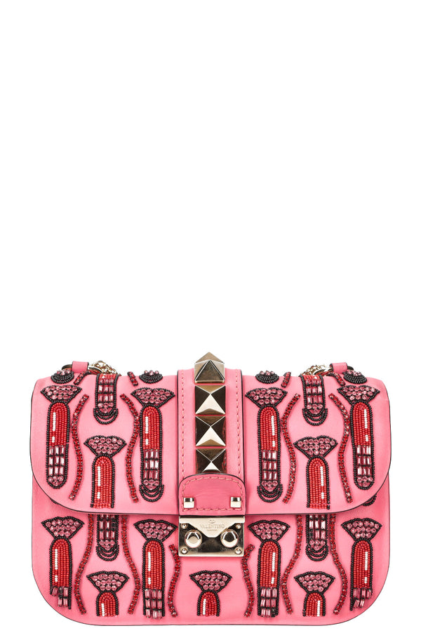 VALENTINO Rockstud Lock Lipstick Beaded Bag Pink