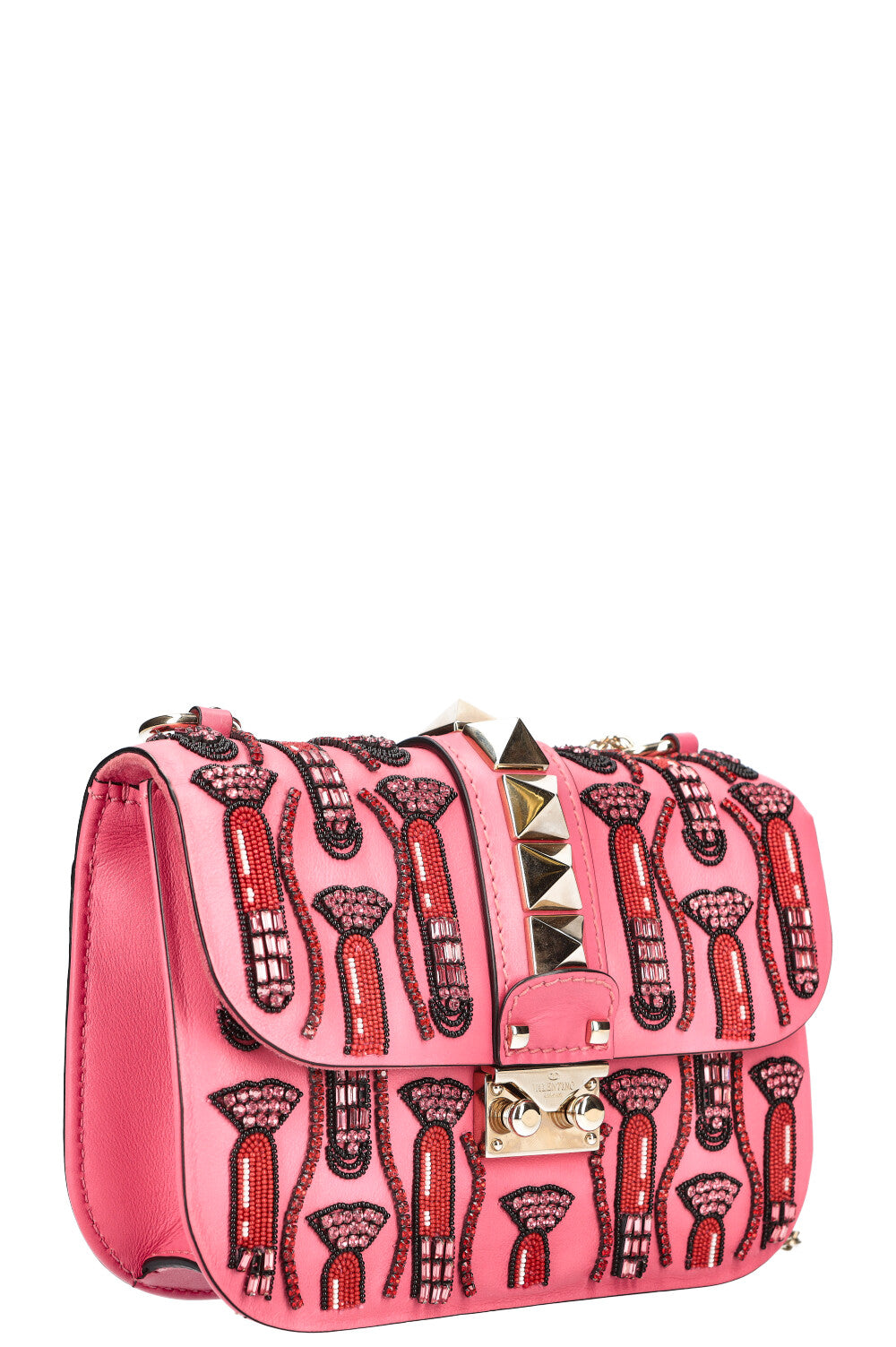 VALENTINO Rockstud Lock Lipstick Beaded Bag Pink