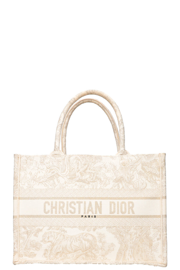 CHRISTIAN DIOR Medium Book Tote Toile de Jouy Broderie Or &amp; Blanc