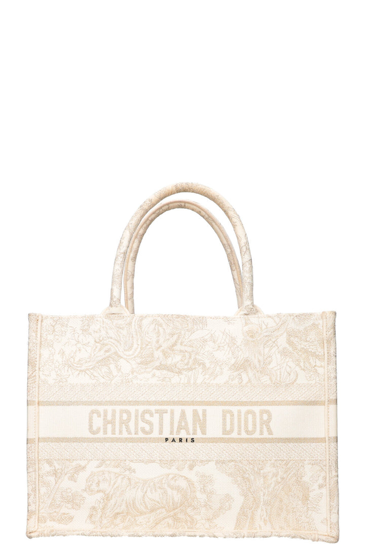 CHRISTIAN DIOR Medium Book Tote Toile de Jouy Embroidery Gold &amp; White