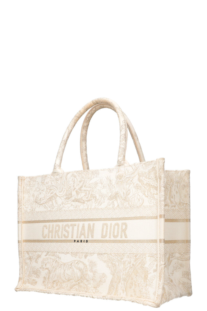 CHRISTIAN DIOR Medium Book Tote Toile de Jouy Embroidery Gold &amp; White