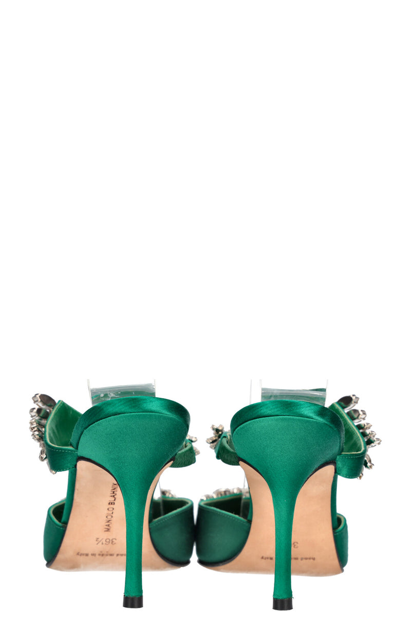 MANOLO BLAHNIK Lurum Heels Satin Emerald Green