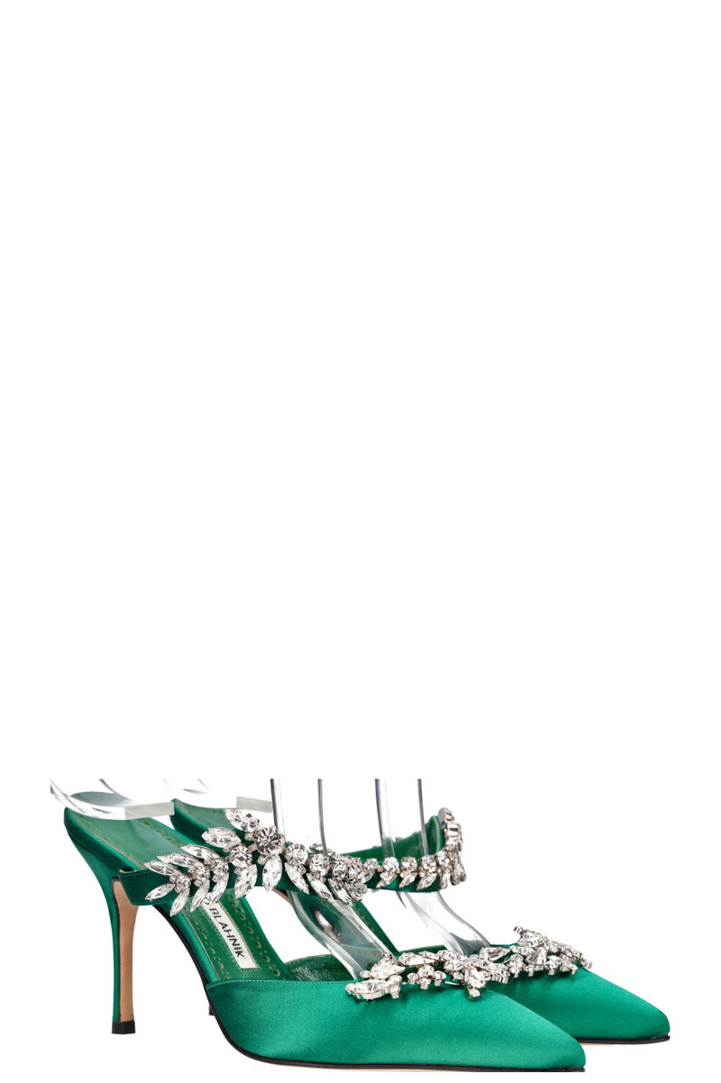 MANOLO BLAHNIK Lurum Heels Satin Emerald Green