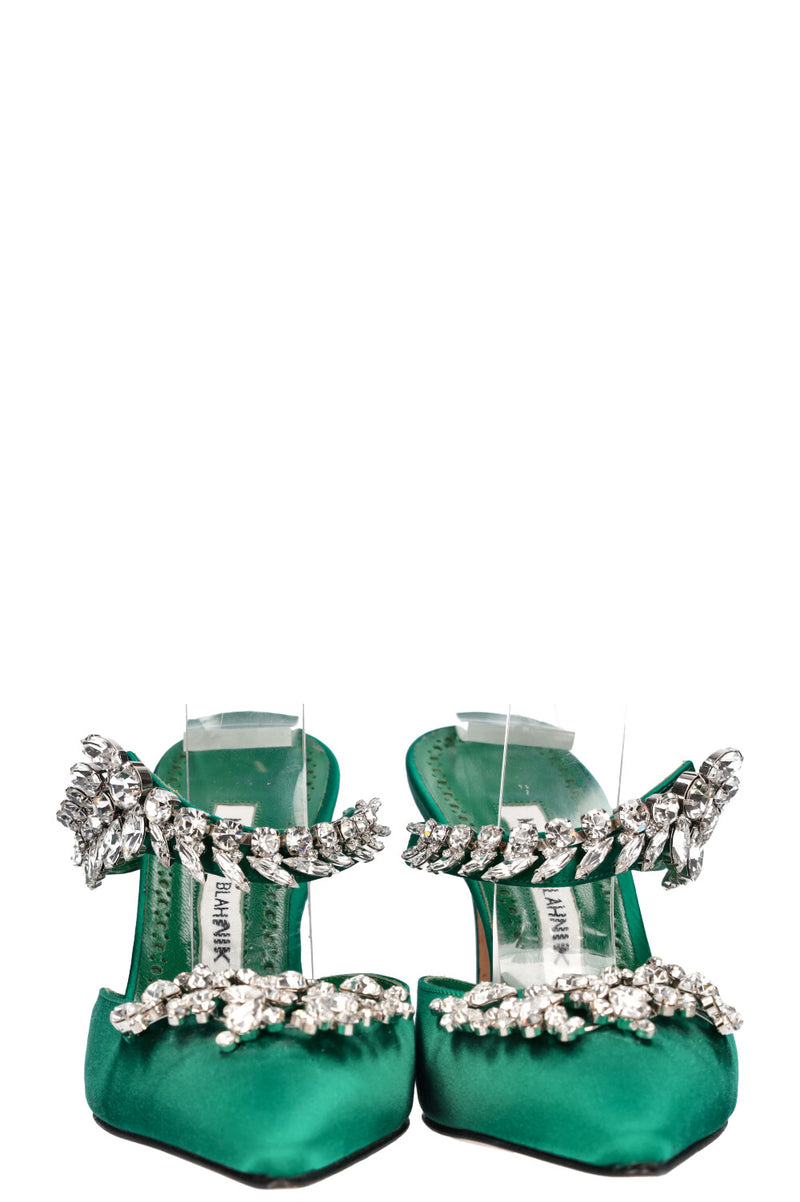 MANOLO BLAHNIK Lurum Heels Satin Emerald Green