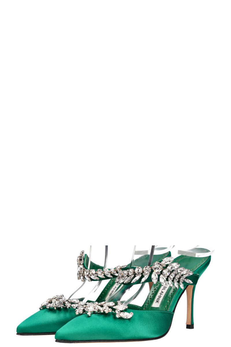 MANOLO BLAHNIK Lurum Heels Satin Emerald Green