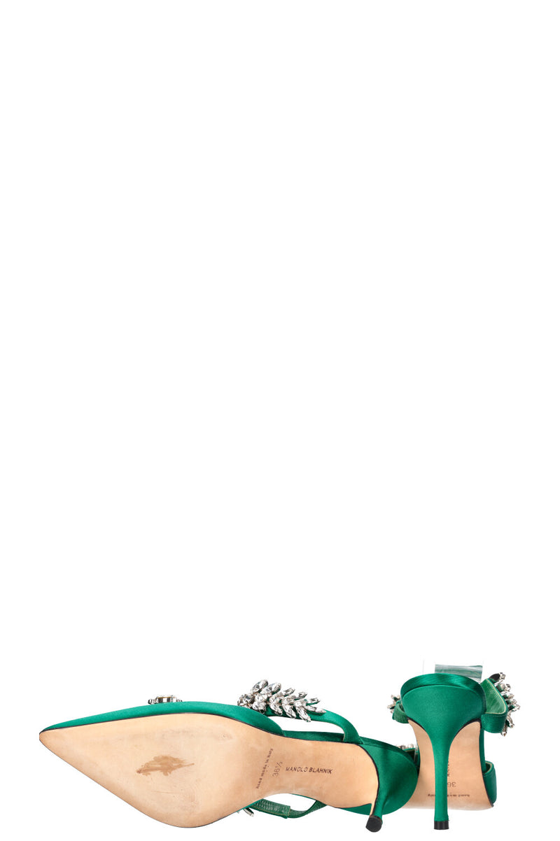 MANOLO BLAHNIK Lurum Heels Satin Emerald Green