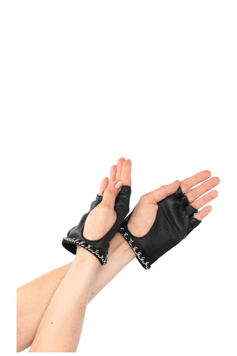 CHANEL Chain Short Gloves Leather Black