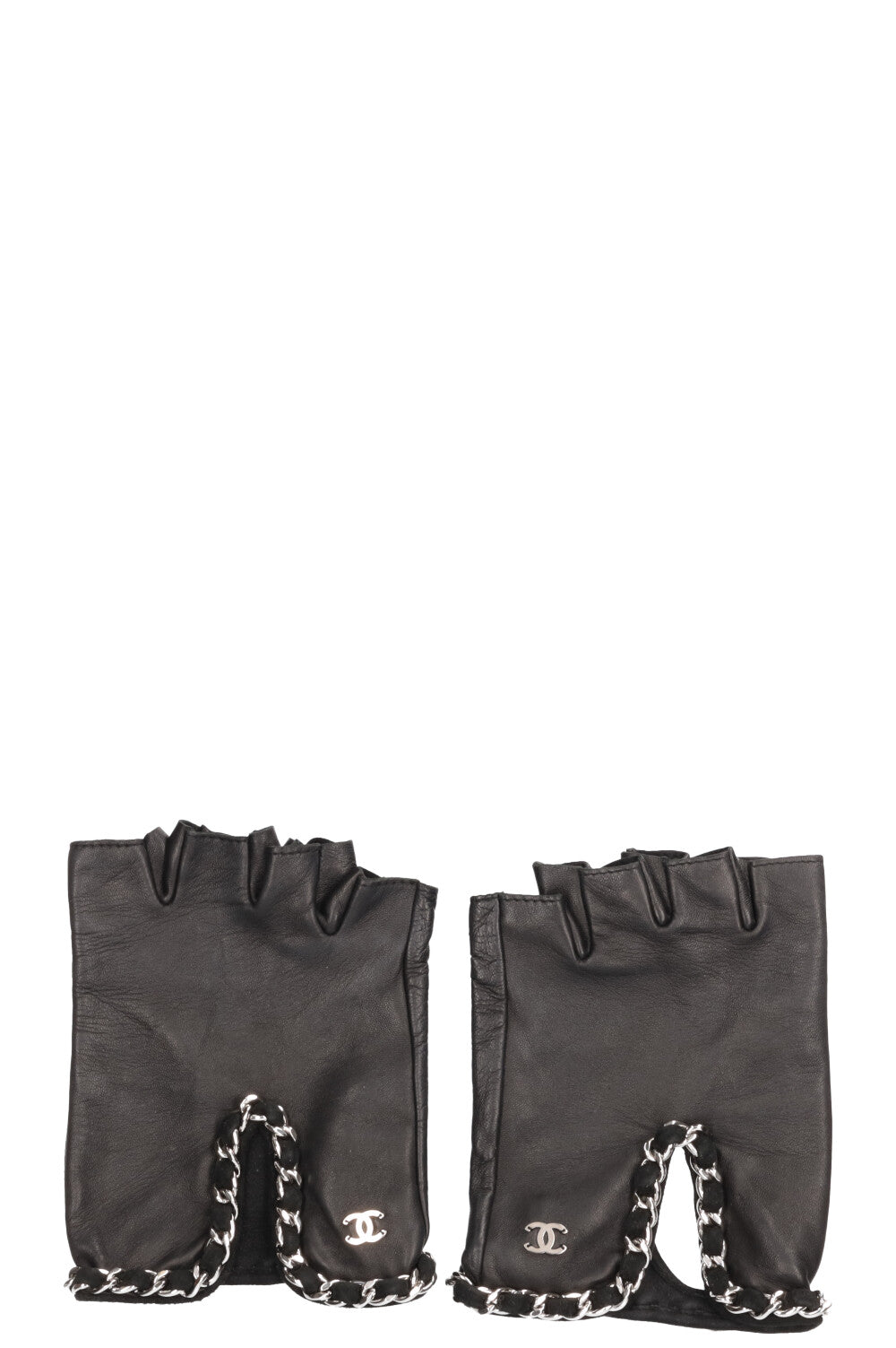 CHANEL Chain Short Gloves Leather Black