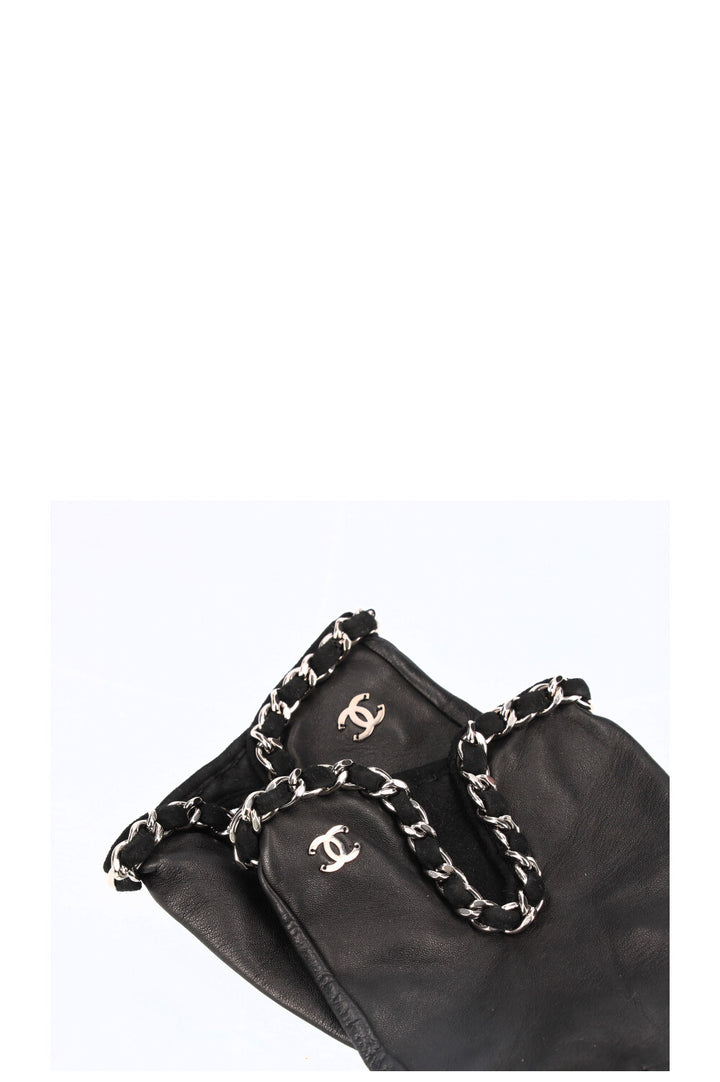 CHANEL Chain Short Gloves Leather Black