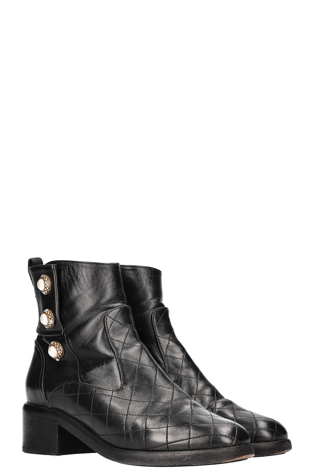 CHANEL Pearl Embellished Moto Ankle Boots