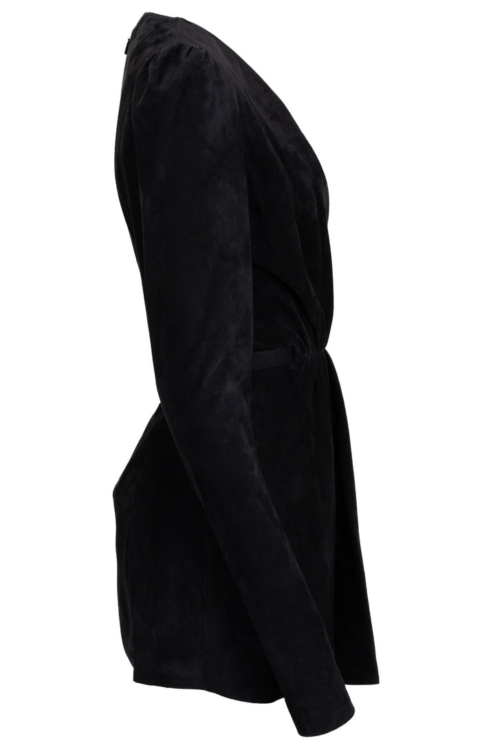 SAINT LAURENT by Hedi Slimane V-Neck Belted Dress Suede Black
