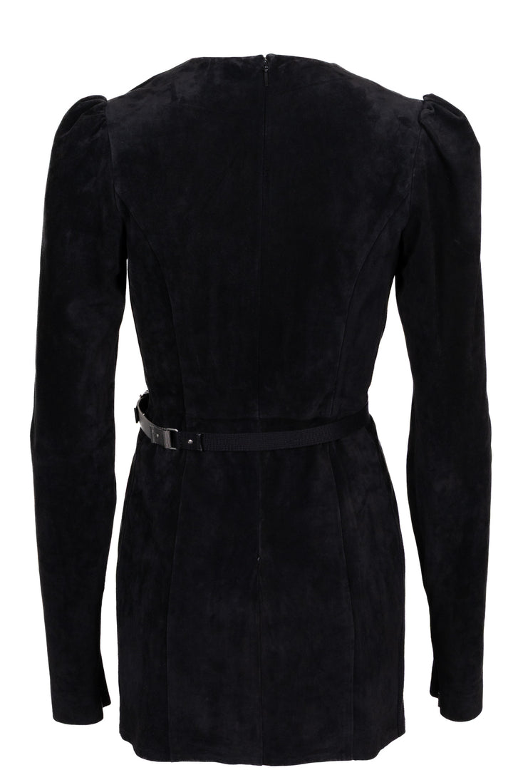 SAINT LAURENT by Hedi Slimane V-Neck Belted Dress Suede Black