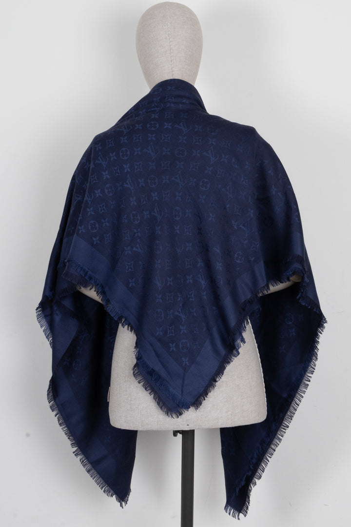 LOUIS VUITTON Écharpe à Franges Monogramme Soie Marine