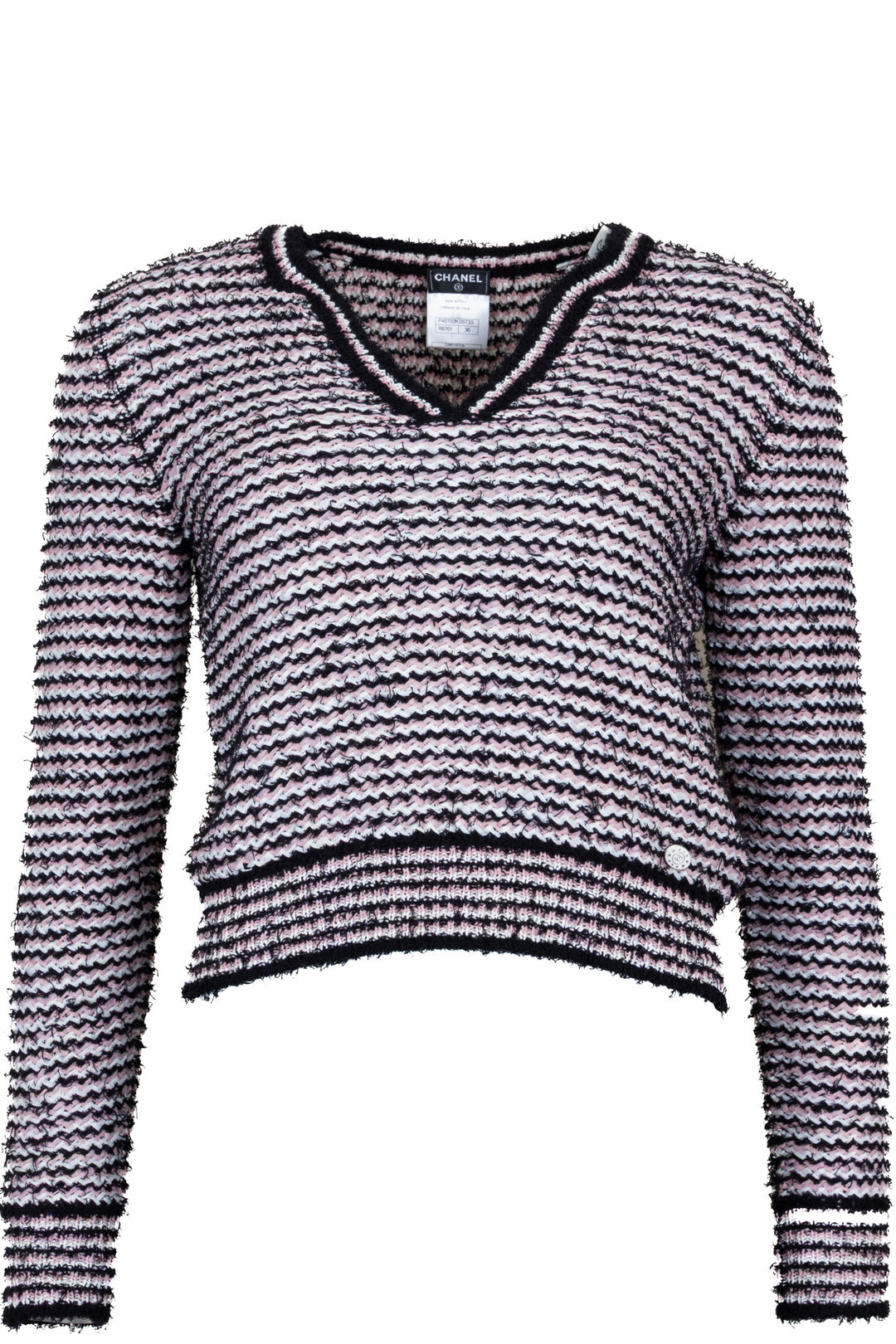 CHANEL 2013 V-Neck Striped Knit Top Pink Black White