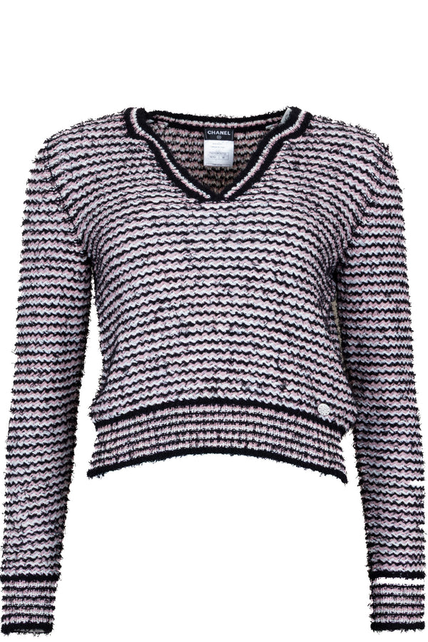 CHANEL 2013 Top en maille rayée col V rose noir blanc