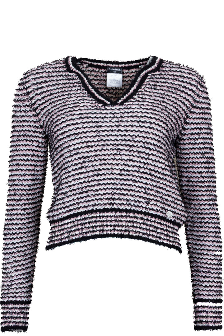 CHANEL 2013 V-Neck Striped Knit Top Pink Black White