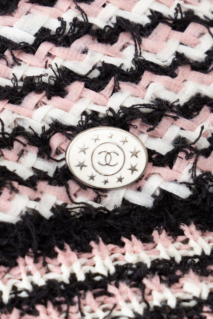 CHANEL 2013 V-Neck Striped Knit Top Pink Black White