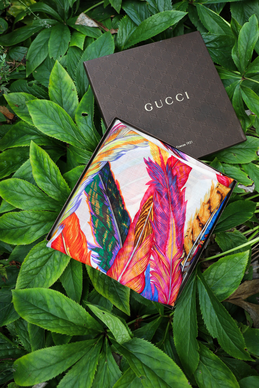 GUCCI Tribal Scarf Feathers Multicolor