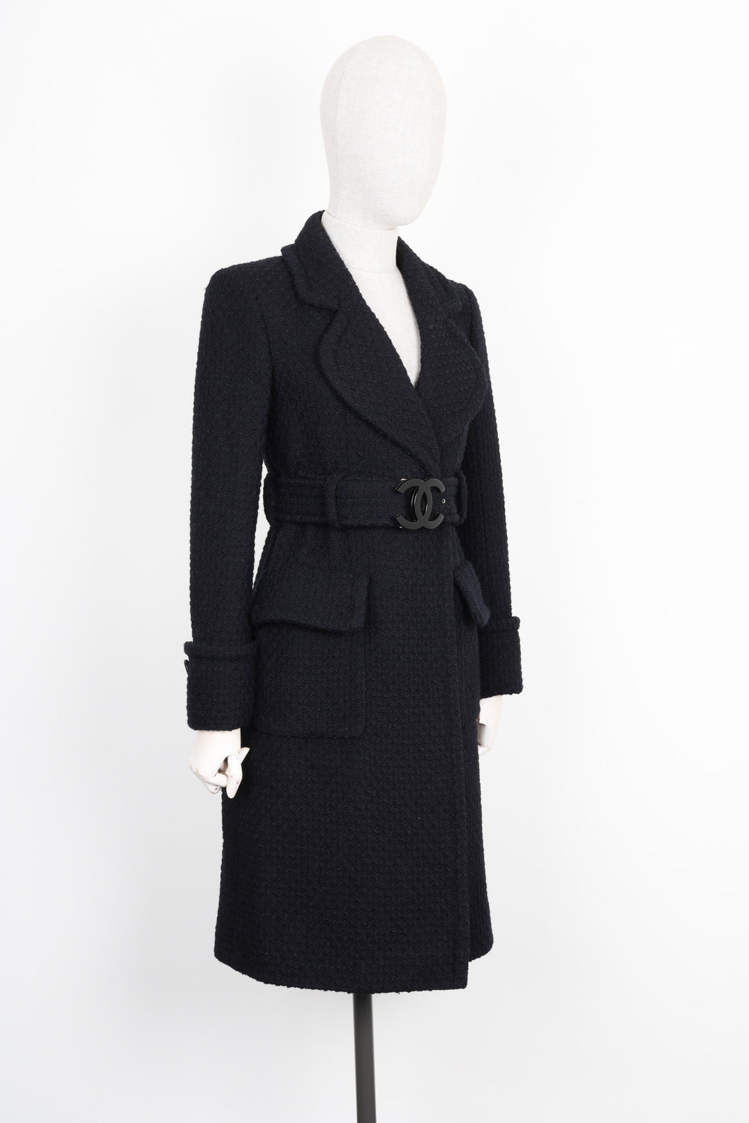 CHANEL Tweed Coat with CC Resin Belt Black