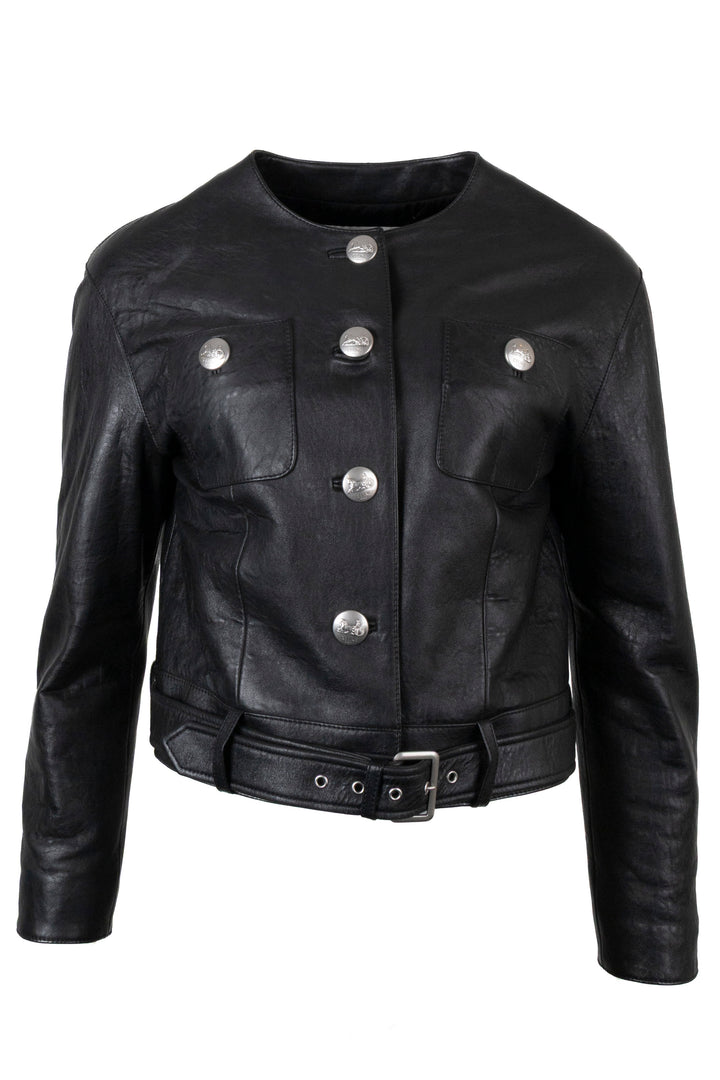 CELINE Belted Biker Leather Jacket Black Structured Leather