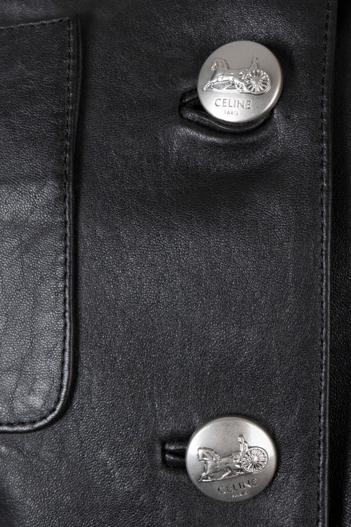 CELINE Belted Biker Leather Jacket Black Structured Leather